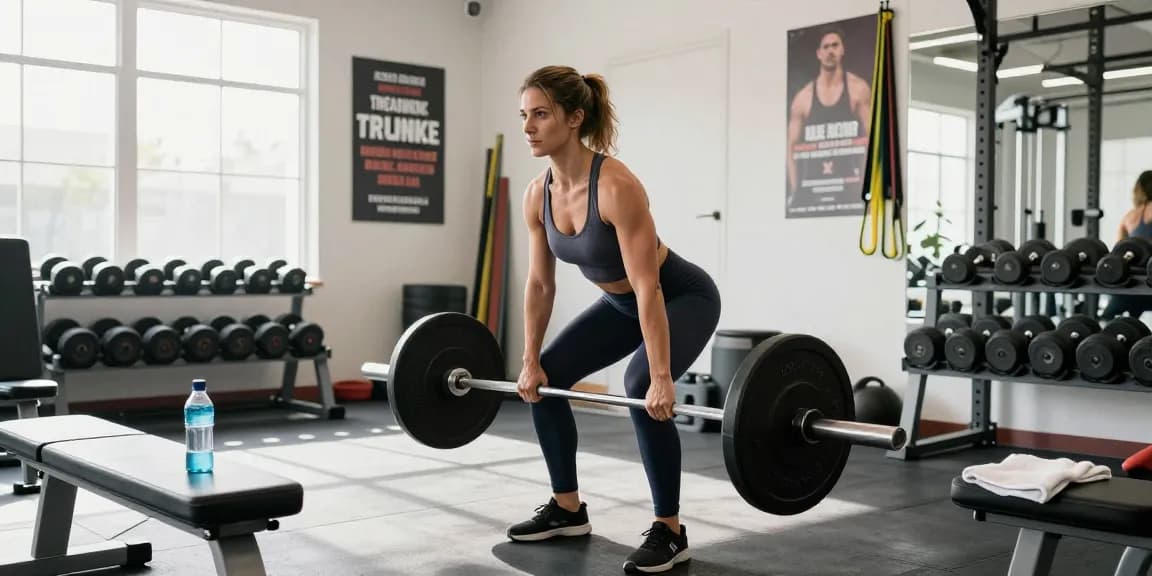 Anabolika Shop Deutschland Fitnessszene mit einer Frau, die in einem hellen Fitnessstudio Gewichte hebt, umgeben von Trainingsgeräten, was Stärke und Training betont.
