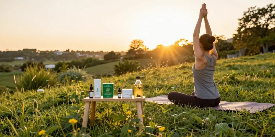 Ministry of Cannabis products in outdoor wellness setup with CBD oil and hemp extract at sunset.