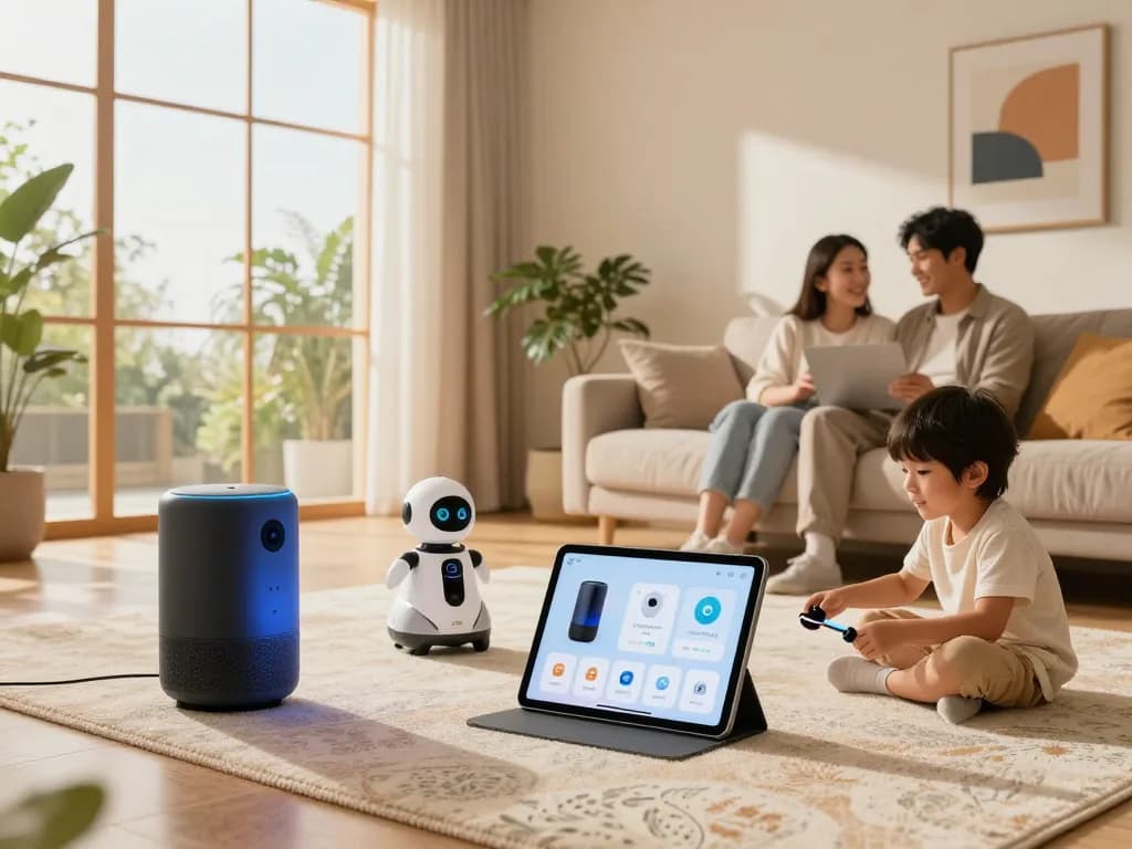 Family enjoying tech gadgets for home in a modern living room.