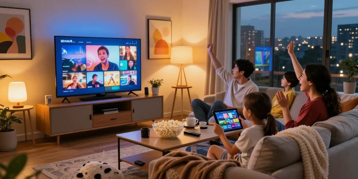 Family enjoying IPTV streaming in cozy living room with smart TV setup.