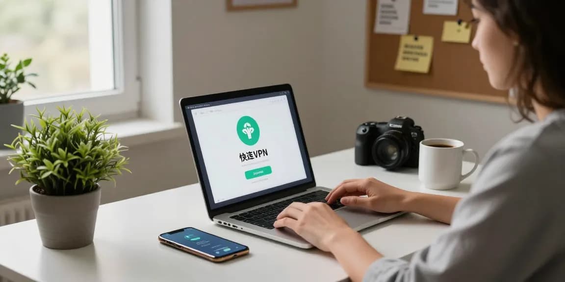 快连 VPN in use on a laptop in a cozy home office, enhancing productivity and connection.