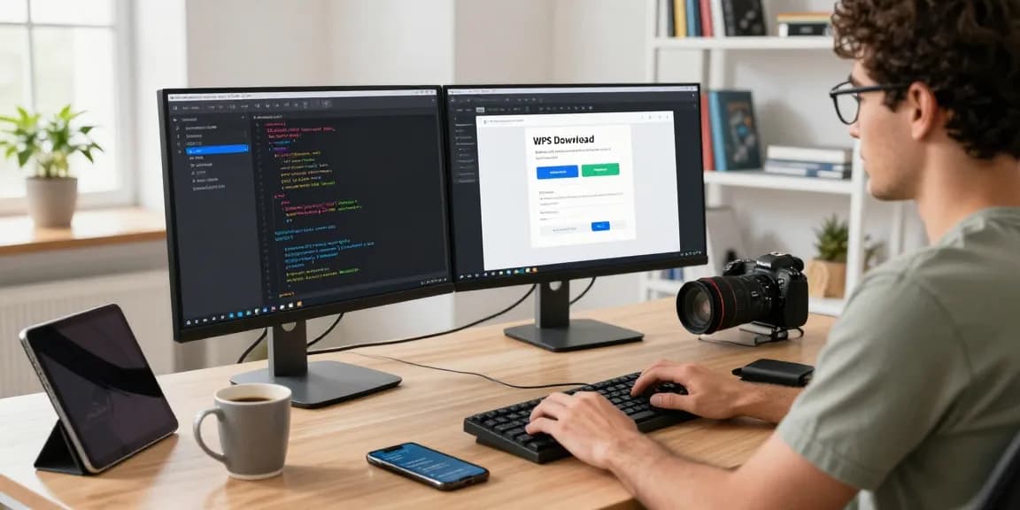 WPS Download setup at a developer's desk with dual monitors and tech gadgets.