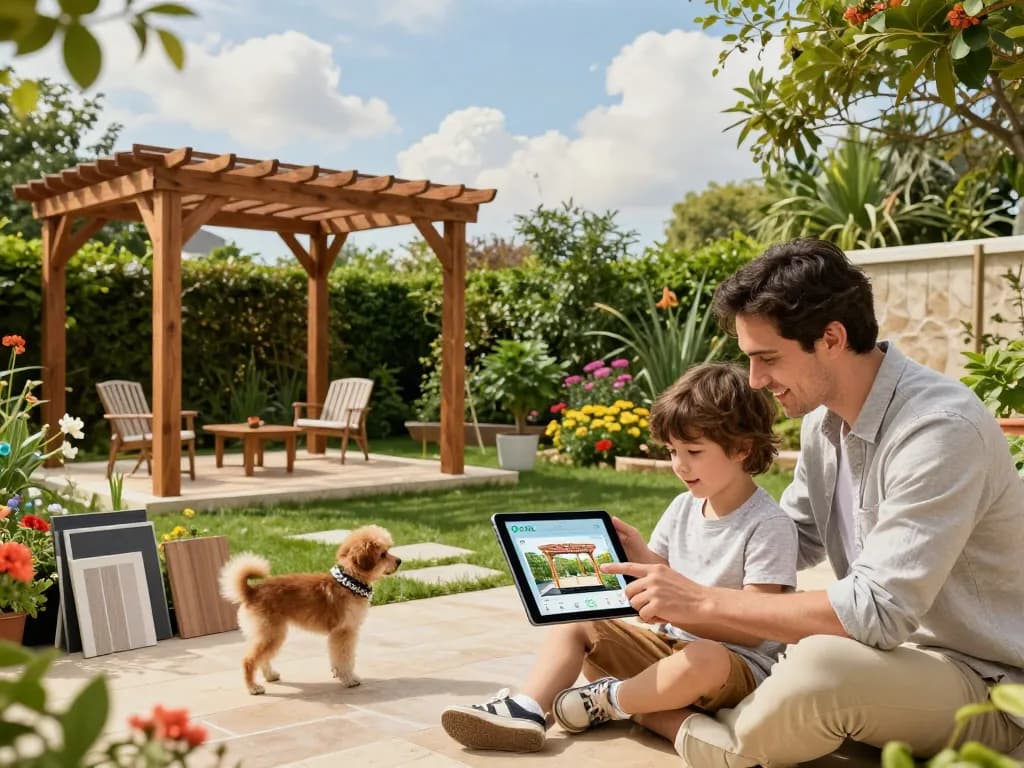 Family using a 3D Pergola Configurator in a sunny garden, showcasing customizable outdoor designs and materials.
