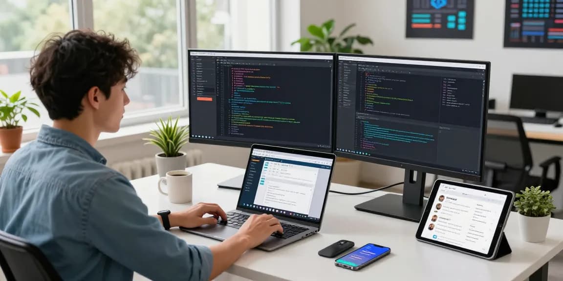 快连 software development workspace with a developer coding and analyzing network performance, surrounded by tech gadgets.
