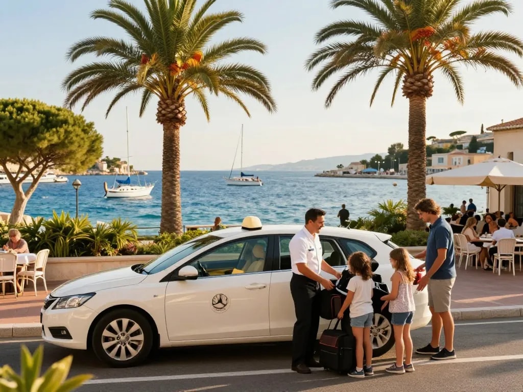 Service de taxi de luxe à Saint-Tropez avec St Tropez Ride, accueillant une famille au port.