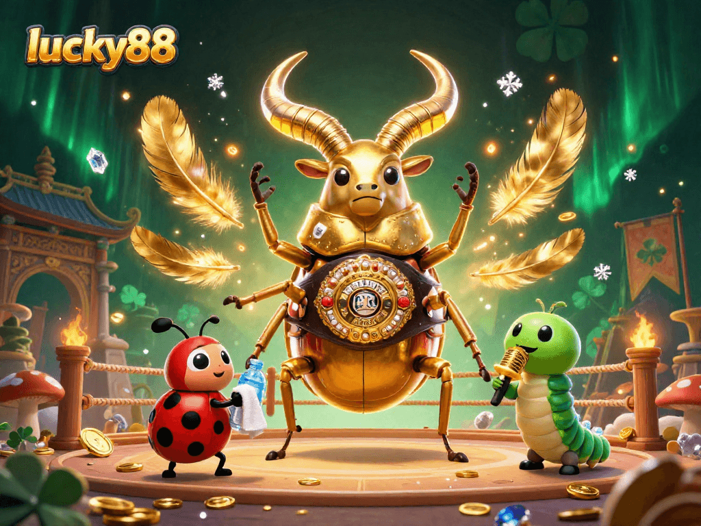 Engage with the dynamic excitement of lucky88 featuring a giant stag beetle in combat, showcasing vibrant casino elements.
