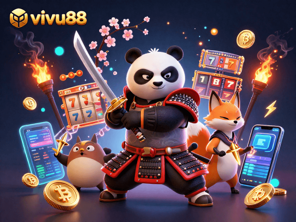 Experience thrilling gameplay at vivu88 with a vibrant scene of a samurai panda and ninja fox surrounded by winning slot elements.