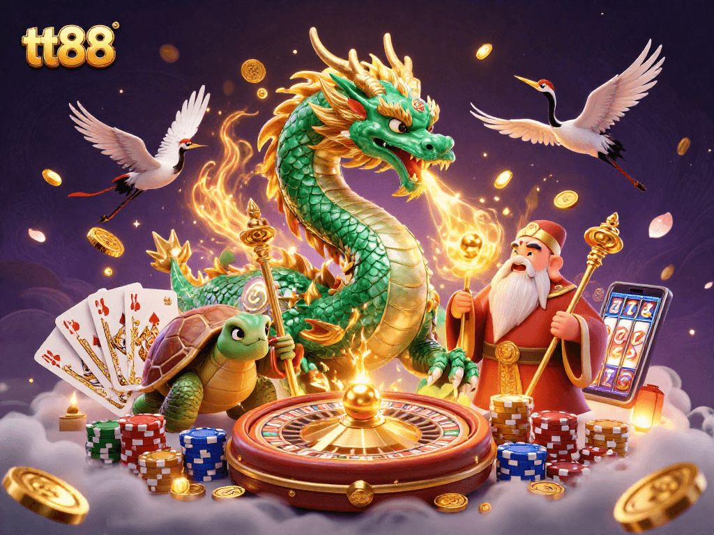 Experience the thrill of tt88 with a vibrant scene featuring dragons, lucky cranes, and casino elements.