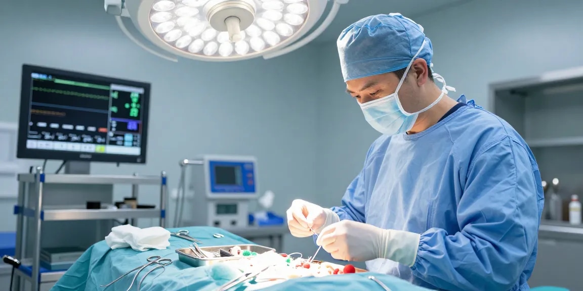 Sutures preparation by a surgeon in a bright operating room, showcasing essential surgical tools and needle threading.