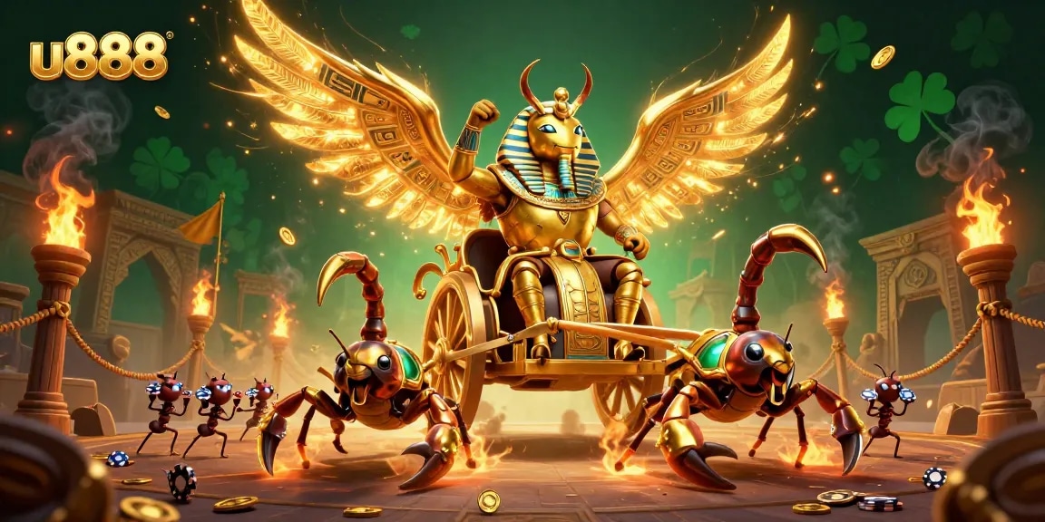 Experience electrifying action at u888 Casino with golden scarab beetles, thrilling games, and vibrant animations.