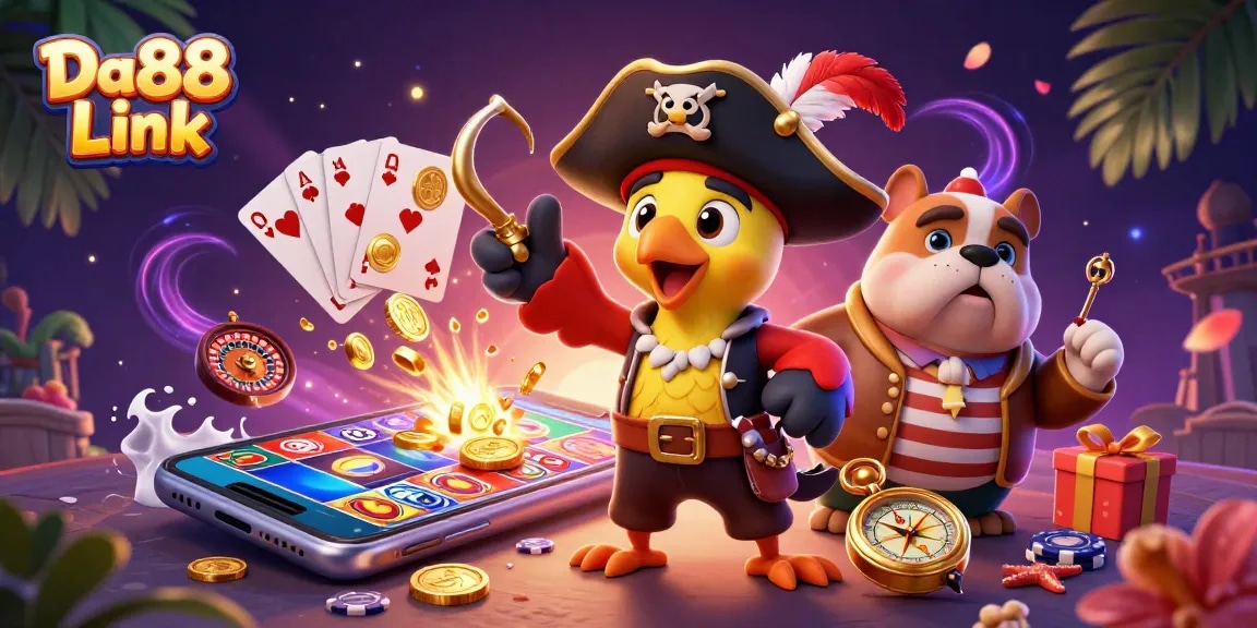 Spin to win with Da88 Link, featuring colorful slot games and animated characters. Experience casino action!