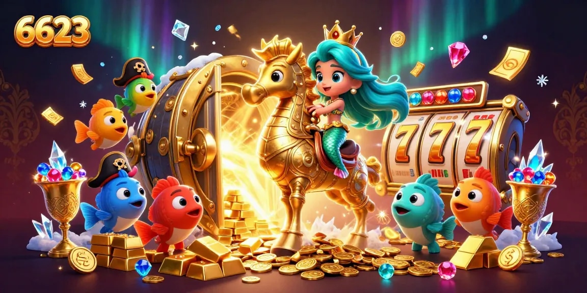 Engage with the thrilling world of 6623 slots, featuring royalty and treasure in a vibrant casino scene.