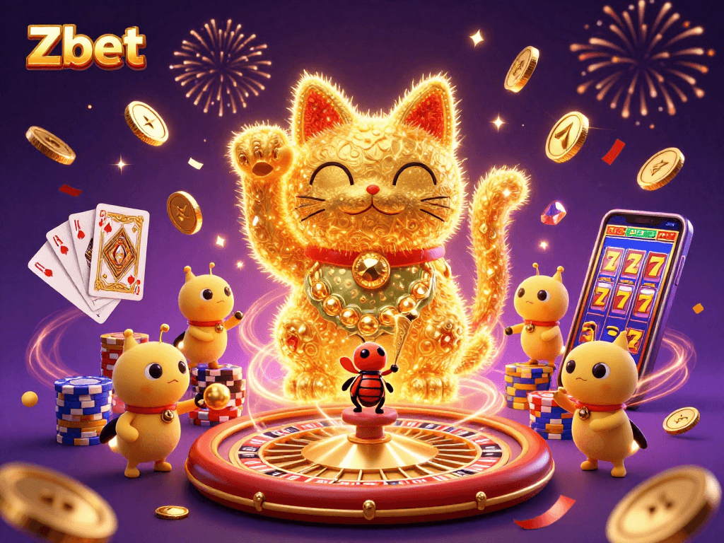 Zbet offers thrilling gaming experiences while winning with a giant lucky cat and dynamic casino elements.