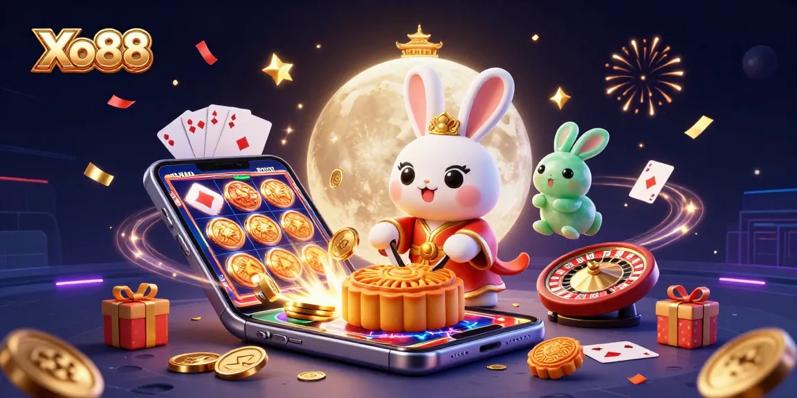 Xo88 offers thrilling gameplay, featuring a moon rabbit pounding mooncakes revealing poker chips in a vibrant scene.