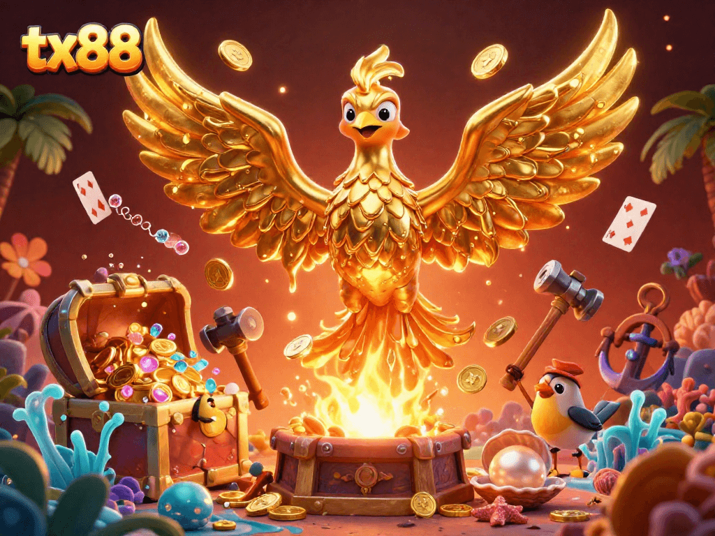 Experience dynamic gaming with tx88's golden phoenix flushing coins, surrounded by vibrant casino elements.