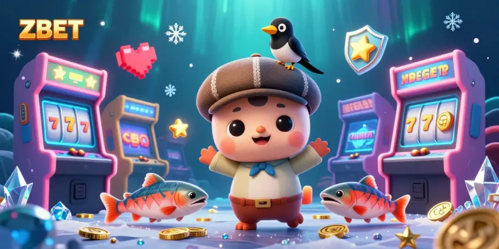 Engage with ZBET's vibrant gaming scene featuring adorable Nessie and gold elements in a playful casino environment.