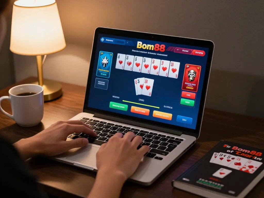 Player experiencing lively Bom88 online poker action, showcasing vibrant gameplay in a comfortable setting