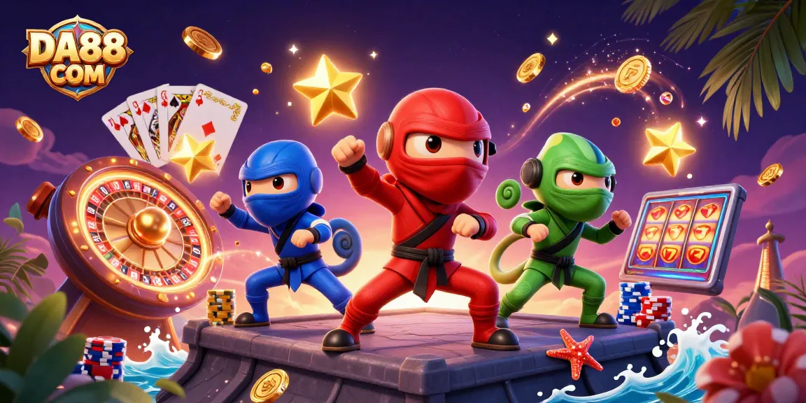 Experience exciting gameplay with DA88 COM's dynamic casino scene filled with coins, cards, and chameleons.