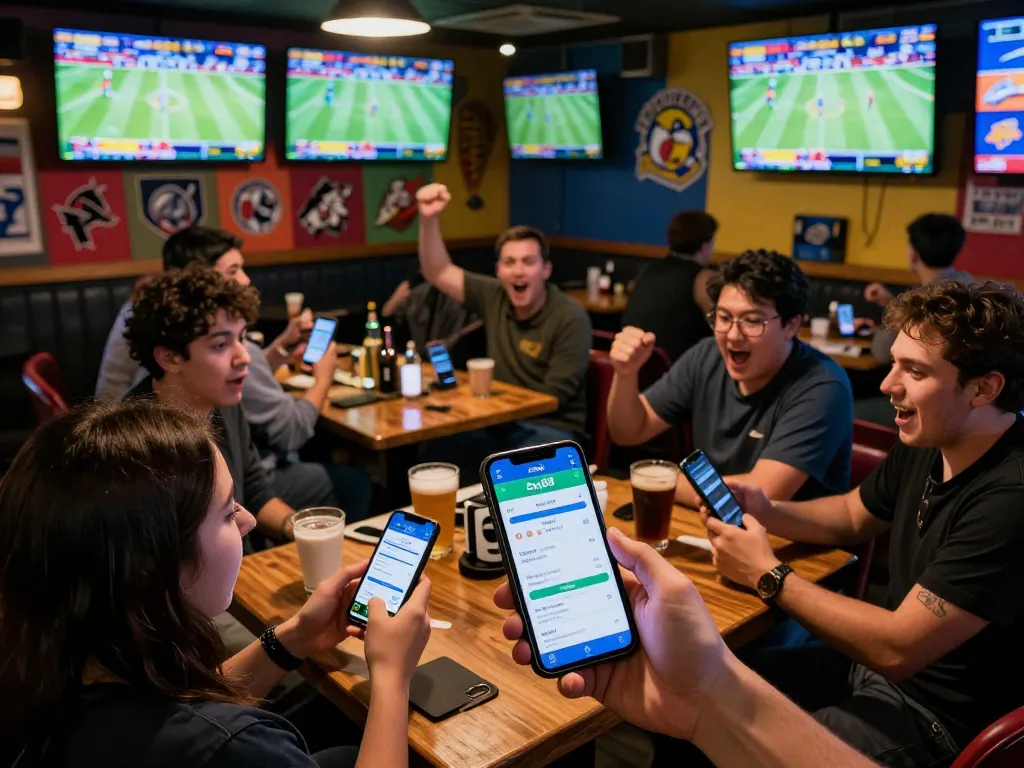 Fans engaging in sports betting through the App Say88 in a vibrant sports bar atmosphere