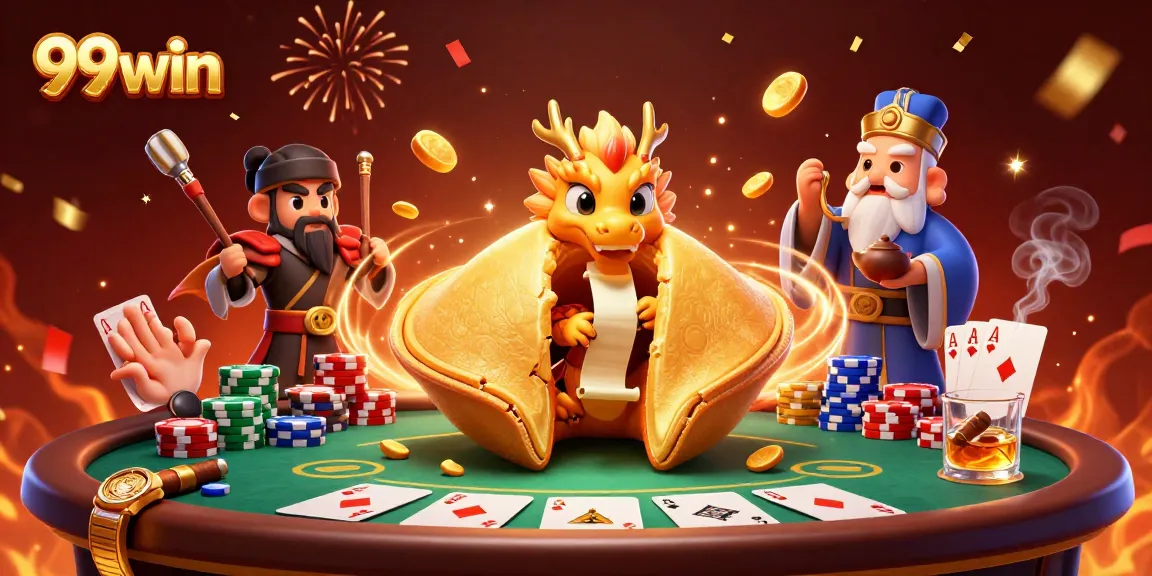 Engage with 99win’s vibrant 3D scene showcasing fortune cookie characters amidst dynamic casino elements.