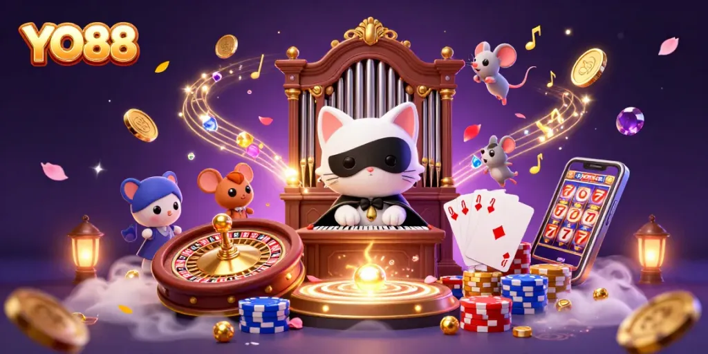 Experience the excitement of YO88, featuring a mystical cat at a casino organ, coins, and vibrant game elements.