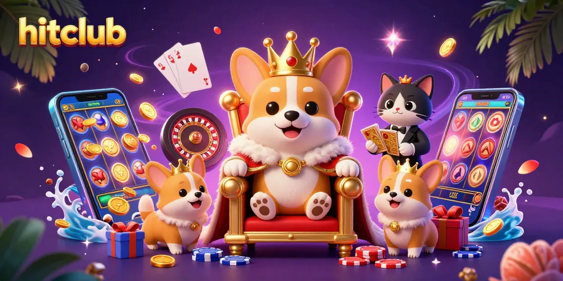 Experience hitclub gaming with a royal corgi on a poker throne amidst slot games and shimmering riches.