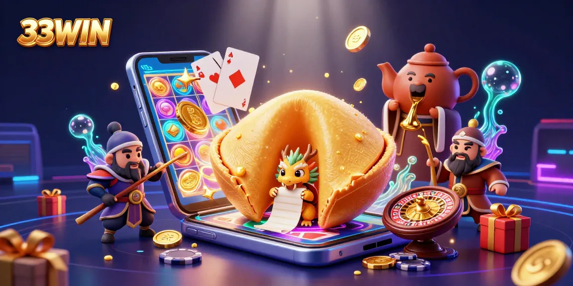 Engage with thrilling casino adventures at 33WIN featuring a golden fortune cookie and dragon.