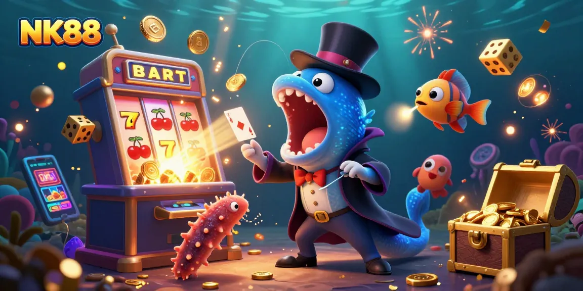 Experience thrilling casino action with NK88's vibrant underwater magic scene showcasing delightful characters and jackpot elements.