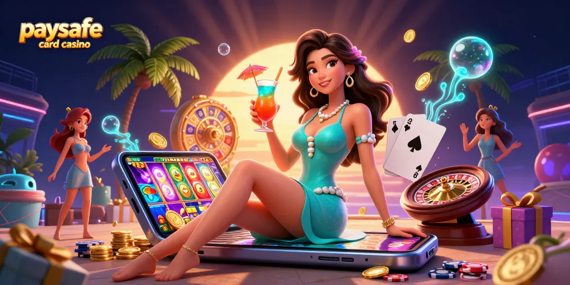 Erleben Sie die Aufregung eines Paysafe Card Casinos mit lebhaften Spielautomaten und tropischen Vibes in dieser dynamischen 3D-Szene.
