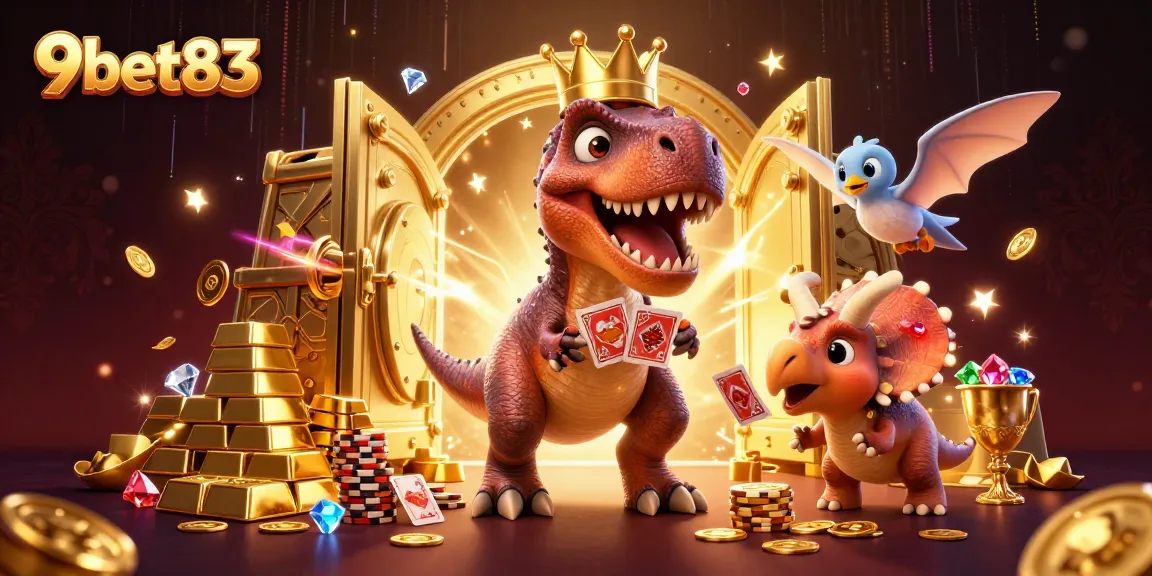 Engage in thrilling gameplay at 9bet83 with a whimsical scene of a T-Rex card dealer.