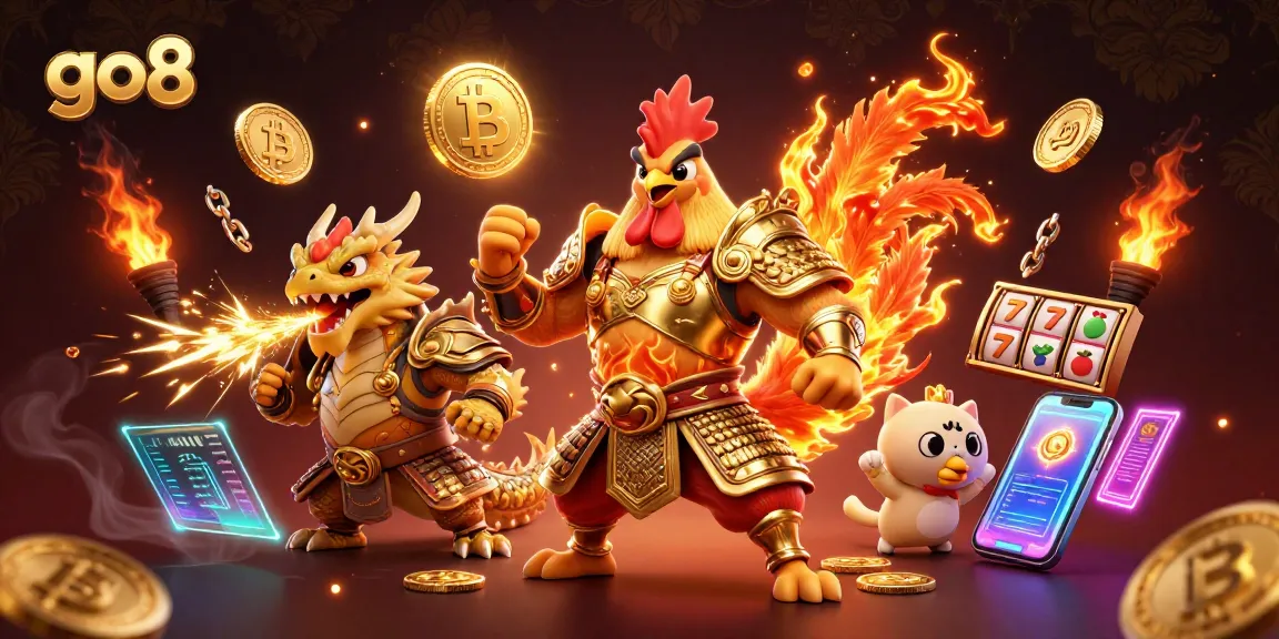 Engage with the exciting go8 casino scene featuring a rooster warrior, a dragon hatchling, and slot elements.