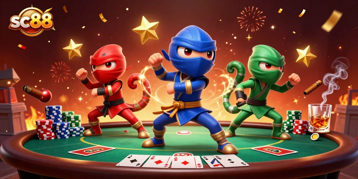 Engage with exciting poker action at SC88, featuring vibrant chameleon ninjas amidst dynamic gameplay elements.