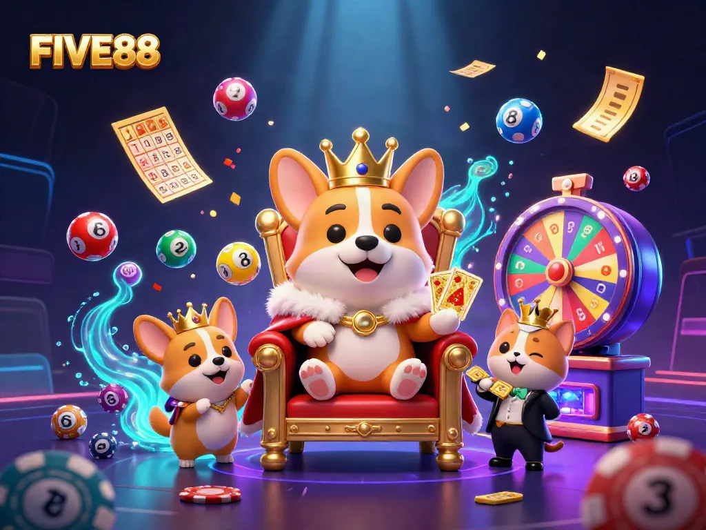 Experience the excitement of FIVE88 casino with colorful games and a royal corgi theme!