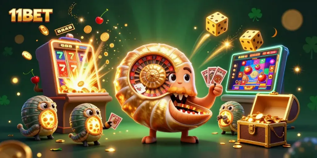 Experience thrilling gameplay with 11BET as a giant nautilus spins the roulette wheel in a vibrant casino scene.