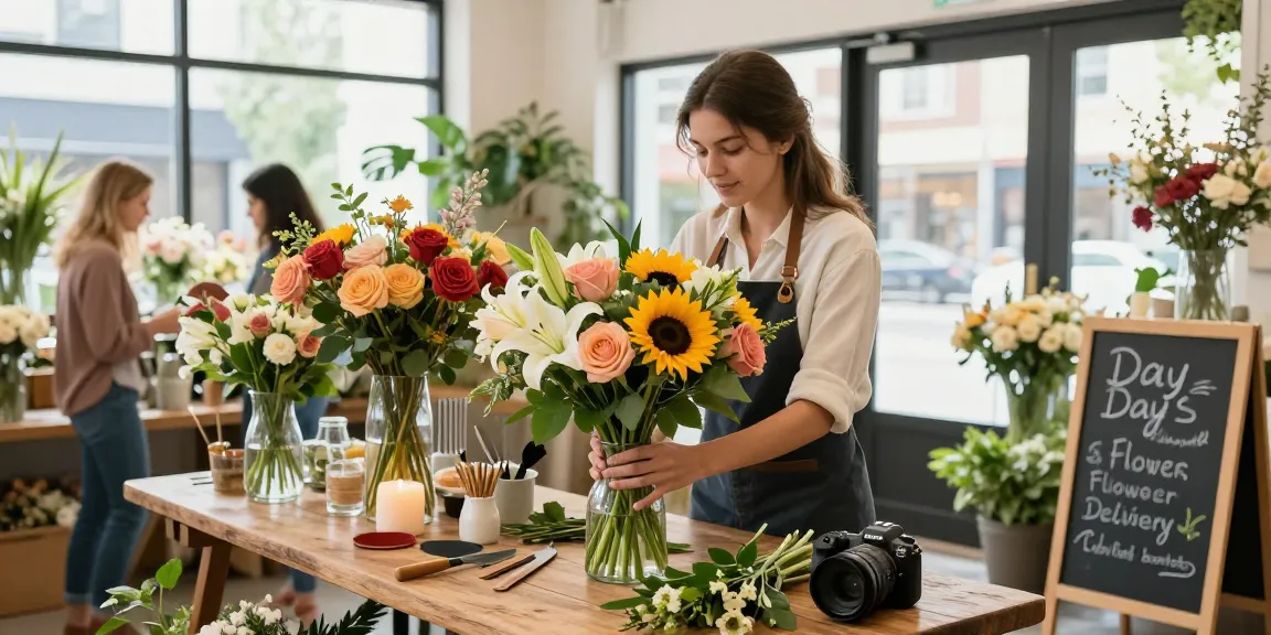 Gibbons florist creating beautiful bouquet arrangements in a bright floral shop.