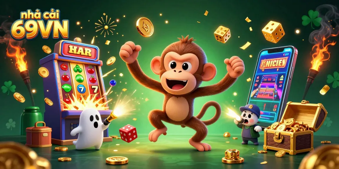 Experience thrilling action at nhà cái 69VN with a mischievous poltergeist monkey juggling golden coins and a curious puppy tracking it.