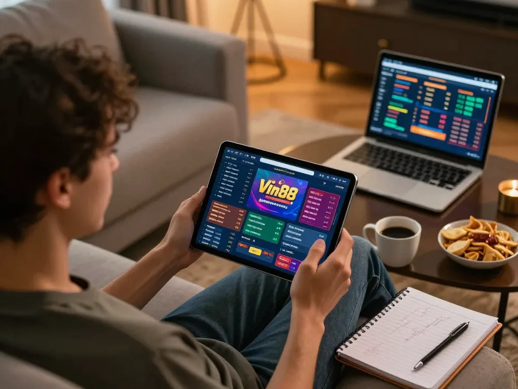 Vin88 user engaging in online betting at home with a tablet and strategy notes.