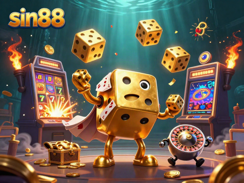 Experience thrilling casino games with sin88's vibrant 3D illustration featuring golden dice and jackpots.