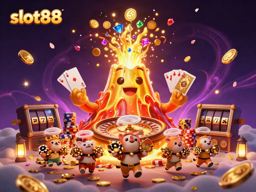 Experience the thrill of slot88 with a vibrant explosion of treasures and slots in this stunning 3D illustration.