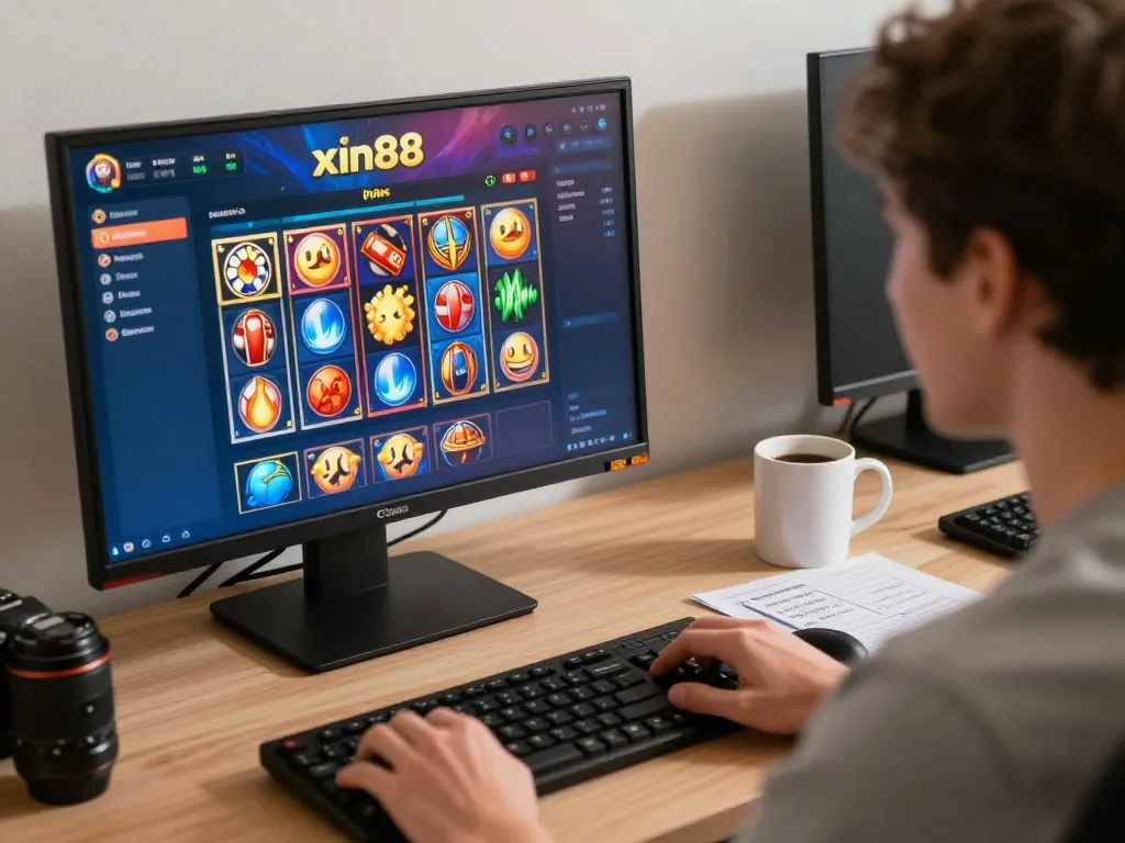 Engaging player using xin88 interface for online slot games, showcasing responsible gaming strategies in a cozy home setup.