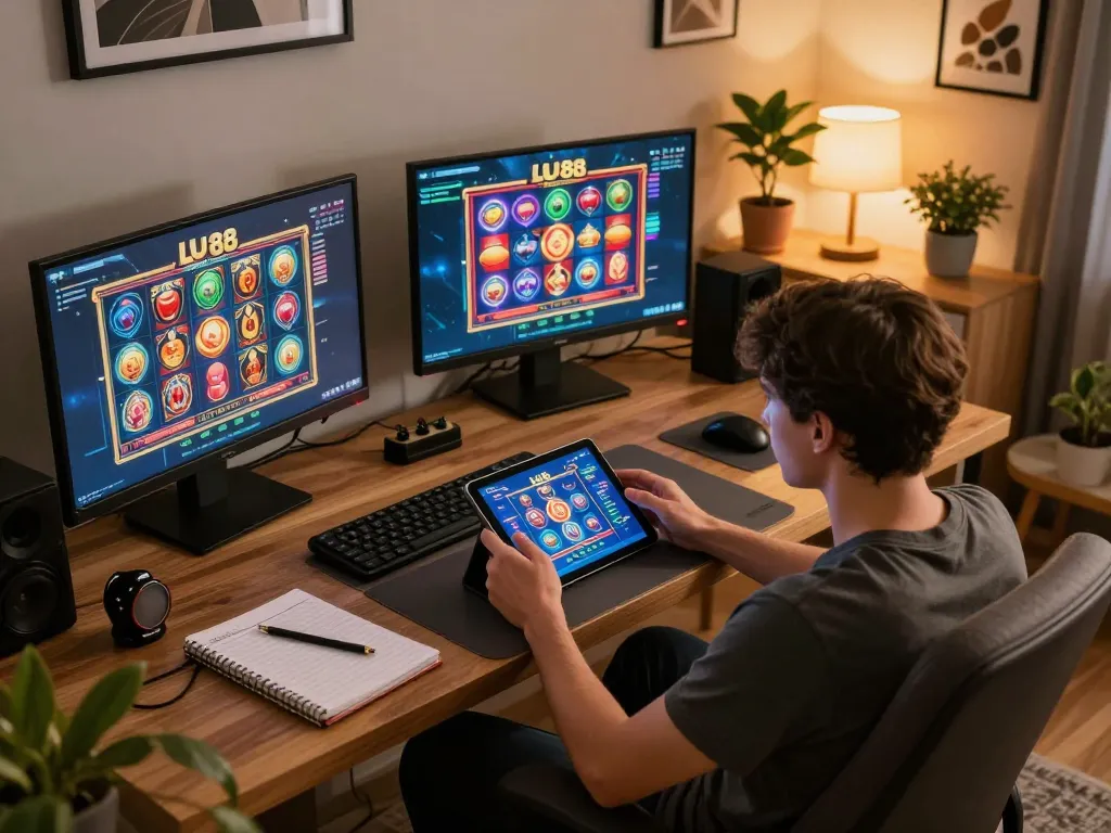 Engaging in LU 88 gaming on a tablet with vibrant graphics and strategy notes for optimal bankroll management