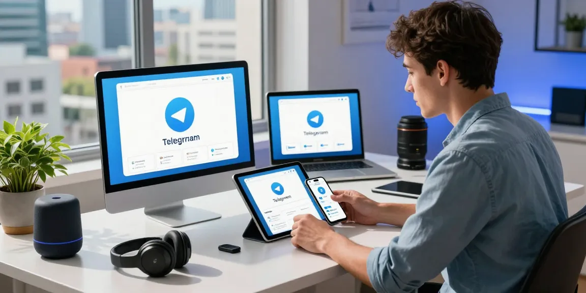 Engaged user exploring Telegram download options across devices in a bright digital workspace.