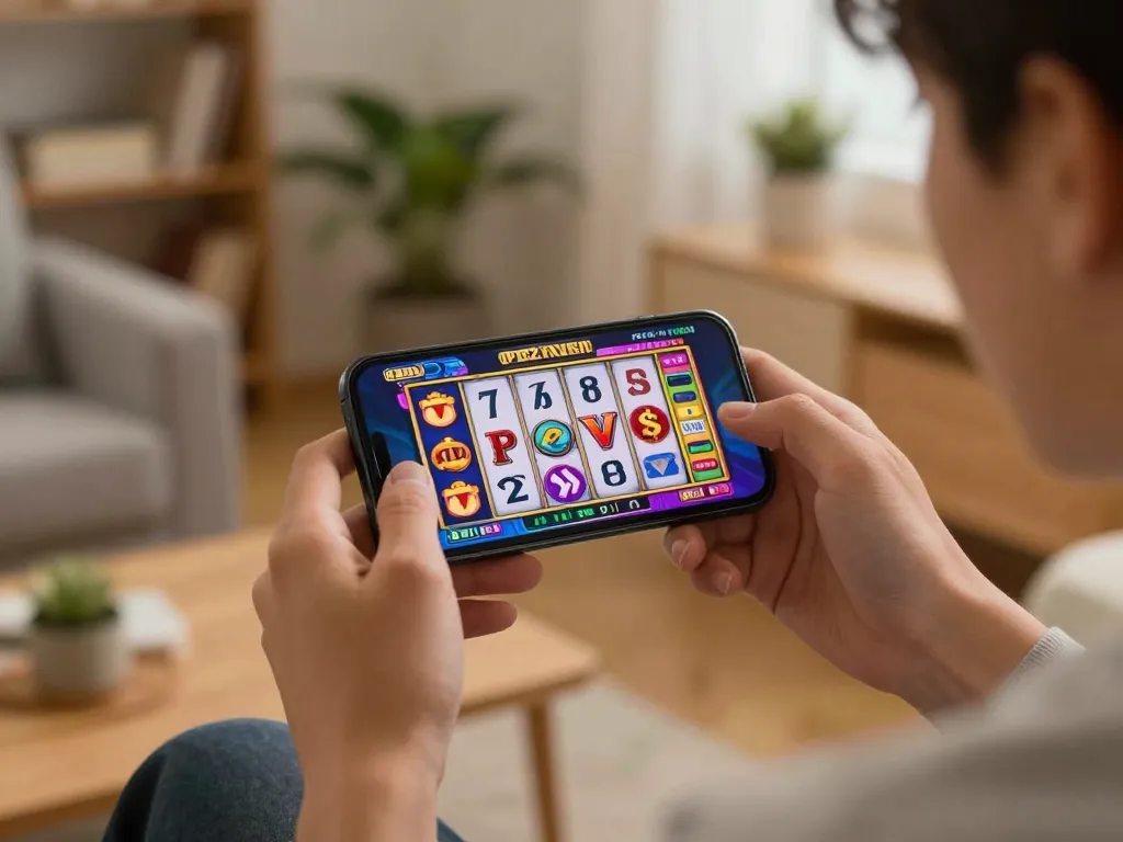 Engaged user playing slot pulsa games on smartphone in a cozy home setting, showcasing dynamic engagement with online slots.