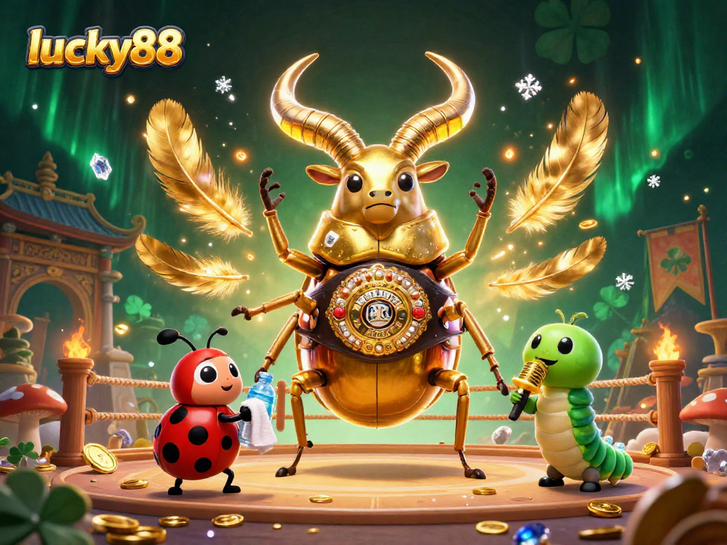Engage with the dynamic excitement of lucky88 featuring a giant stag beetle in combat, showcasing vibrant casino elements.