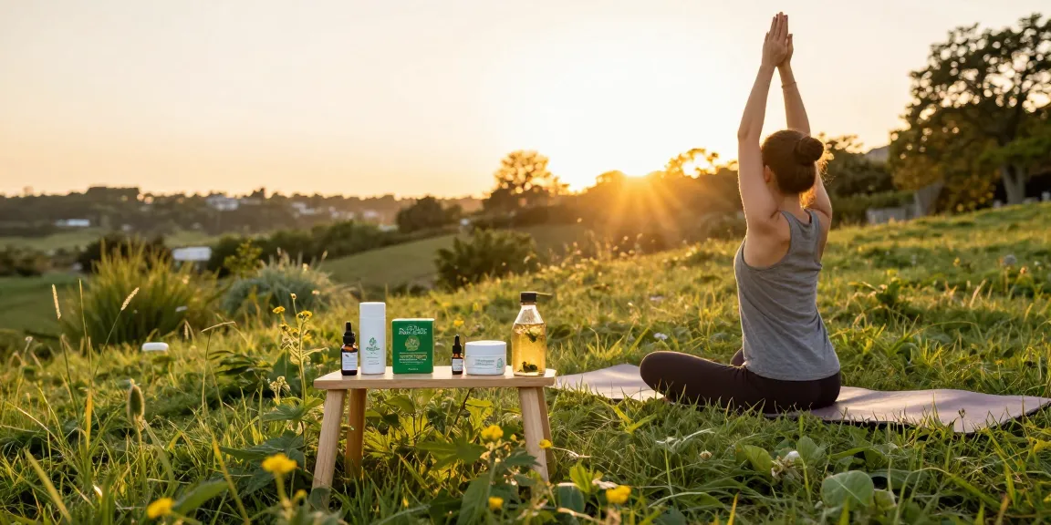 Ministry of Cannabis products in outdoor wellness setup with CBD oil and hemp extract at sunset.