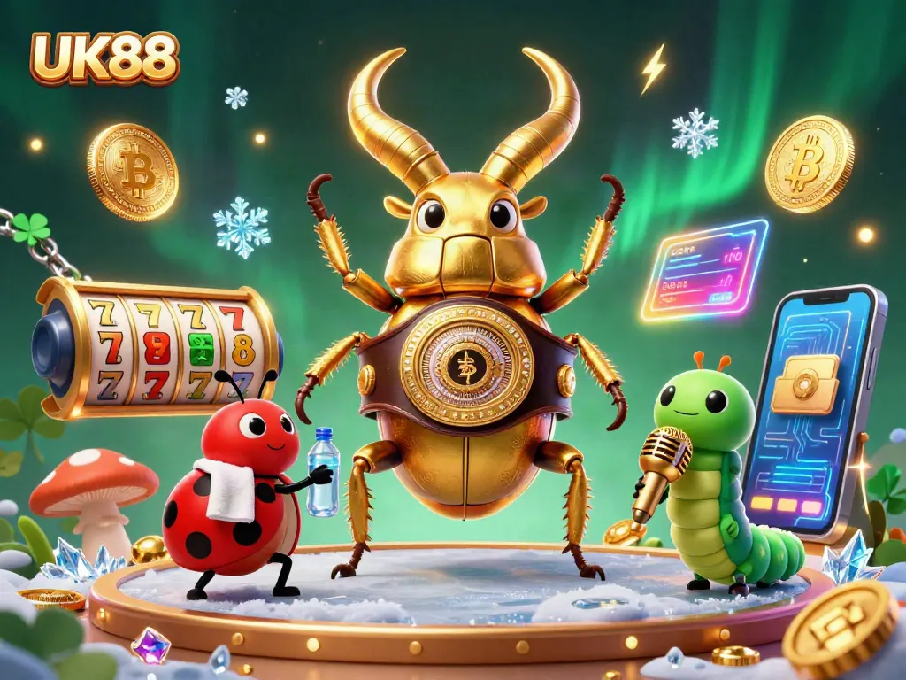 Engage with UK88's vibrant casino experience featuring a boxing beetle and dazzling game elements.