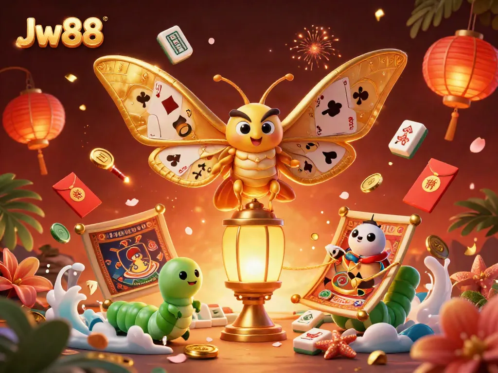 Experience vibrant Jw88 casino gameplay with 3D moth and gold casino elements.