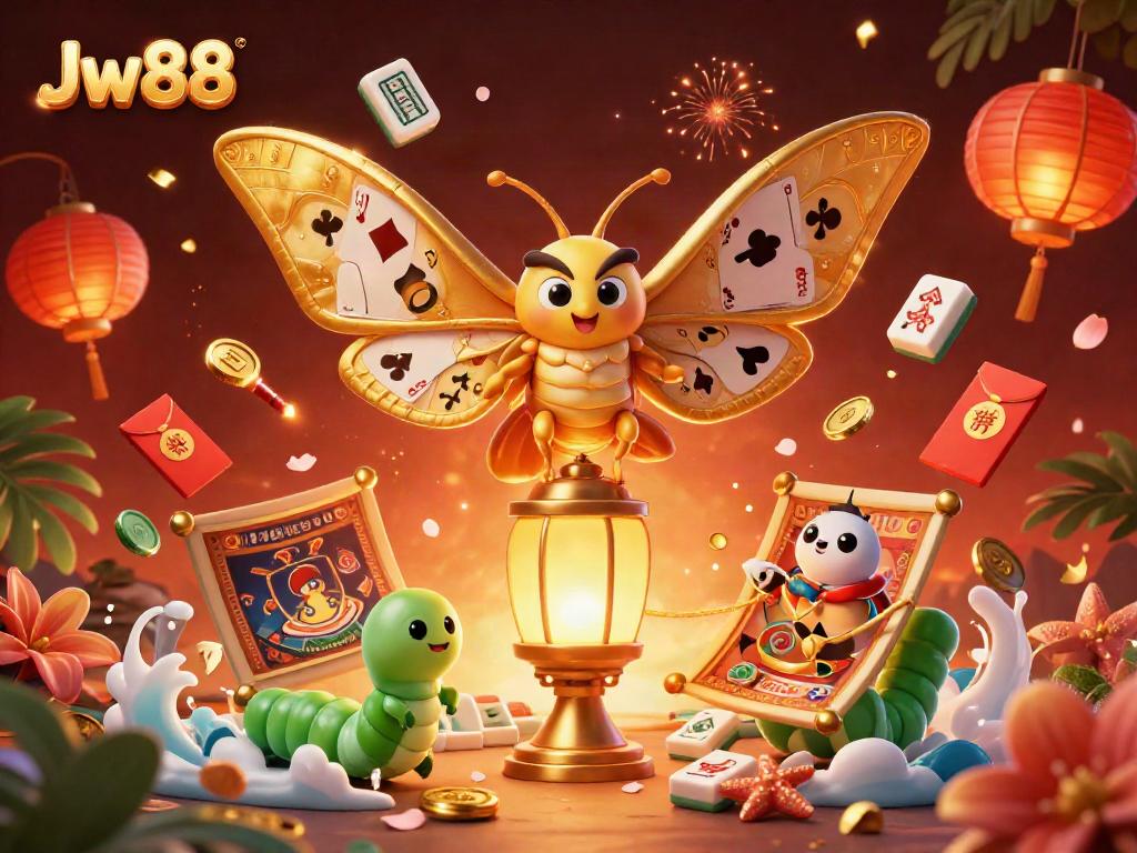 Experience vibrant Jw88 casino gameplay with 3D moth and gold casino elements.