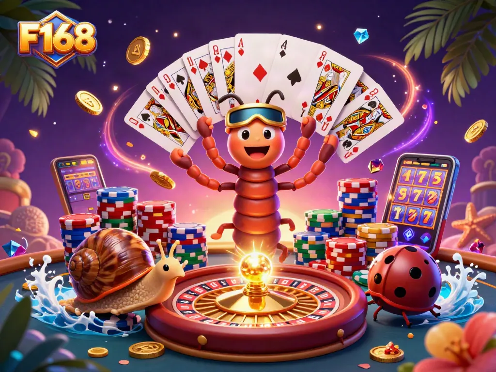 Engage with F168: A vibrant casino scene featuring a whimsical dealer and exciting gaming elements.