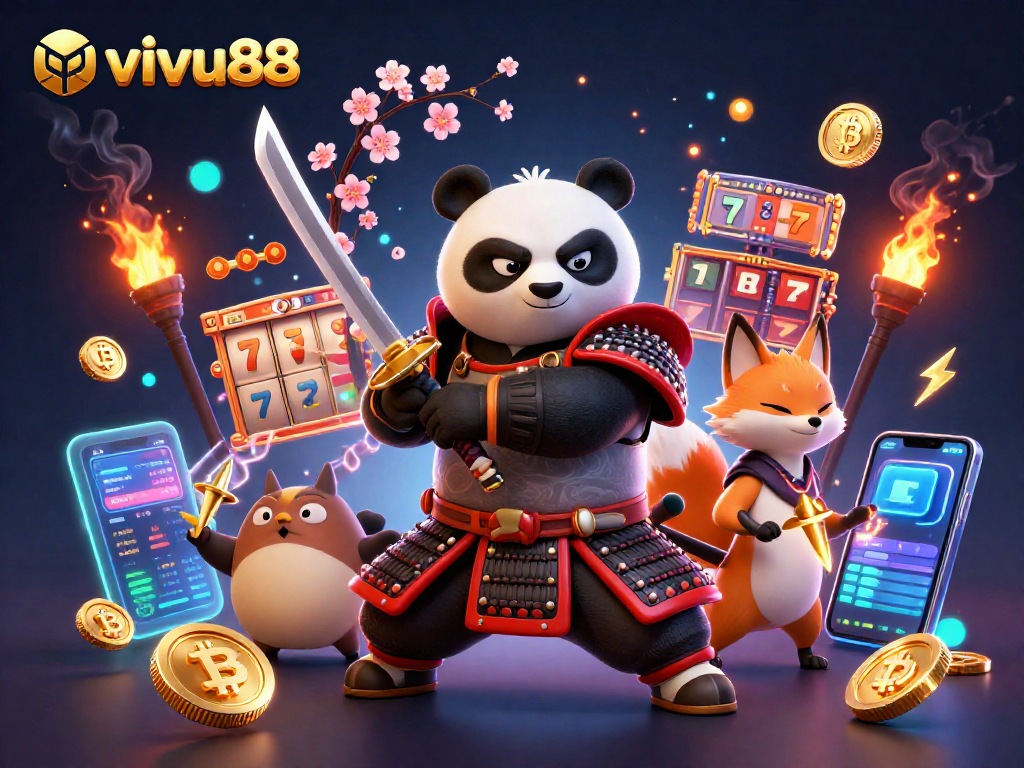 Experience thrilling gameplay at vivu88 with a vibrant scene of a samurai panda and ninja fox surrounded by winning slot elements.